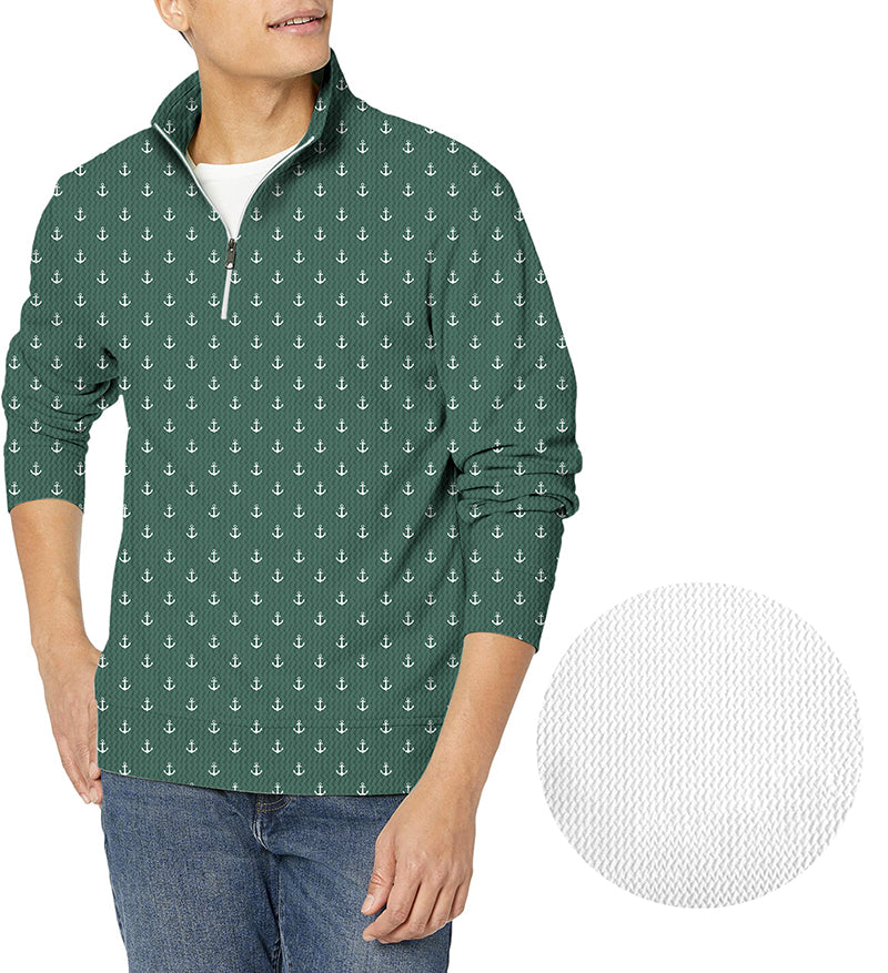 Green Anchor men's golf waffle zipper pullover with anchor pattern and custom team logo options