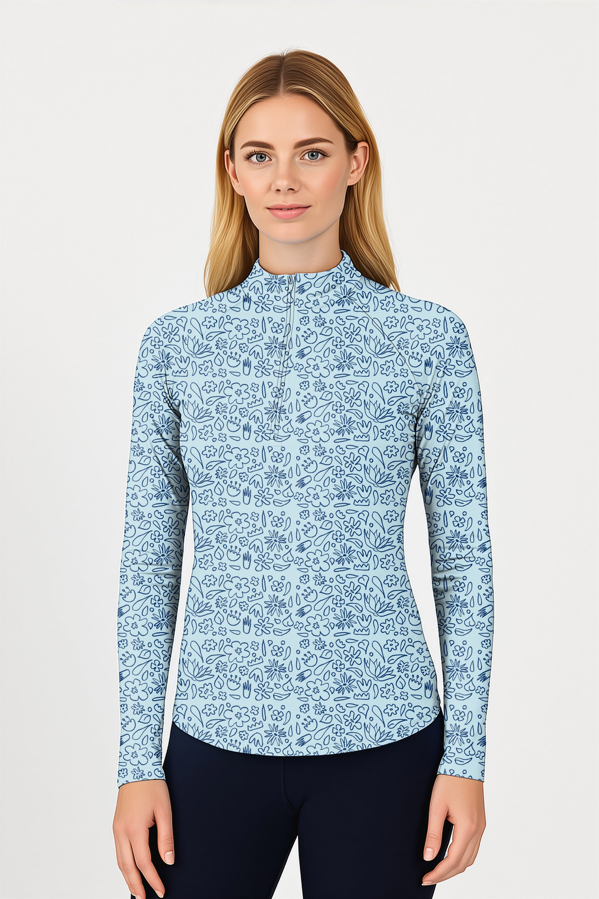 Simple Blue flower drawing Women's Golf Active 3/4 Zip Top