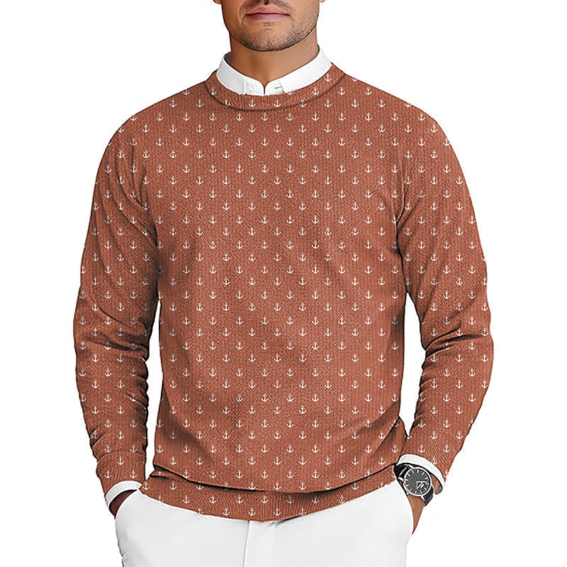 Dark orange anchor men's golf crewneck pullover sweater with white anchor pattern