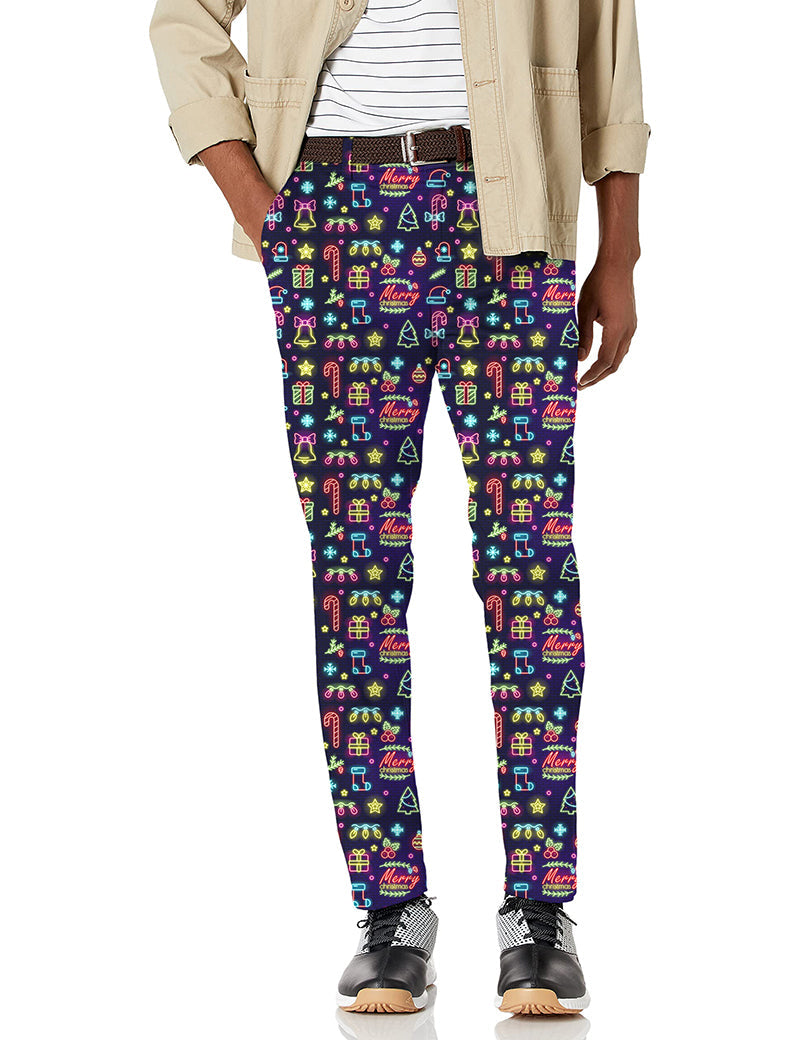 Men's Neon Merry Christmas stretch golf pants with neon festive print and moisture-wicking fabric