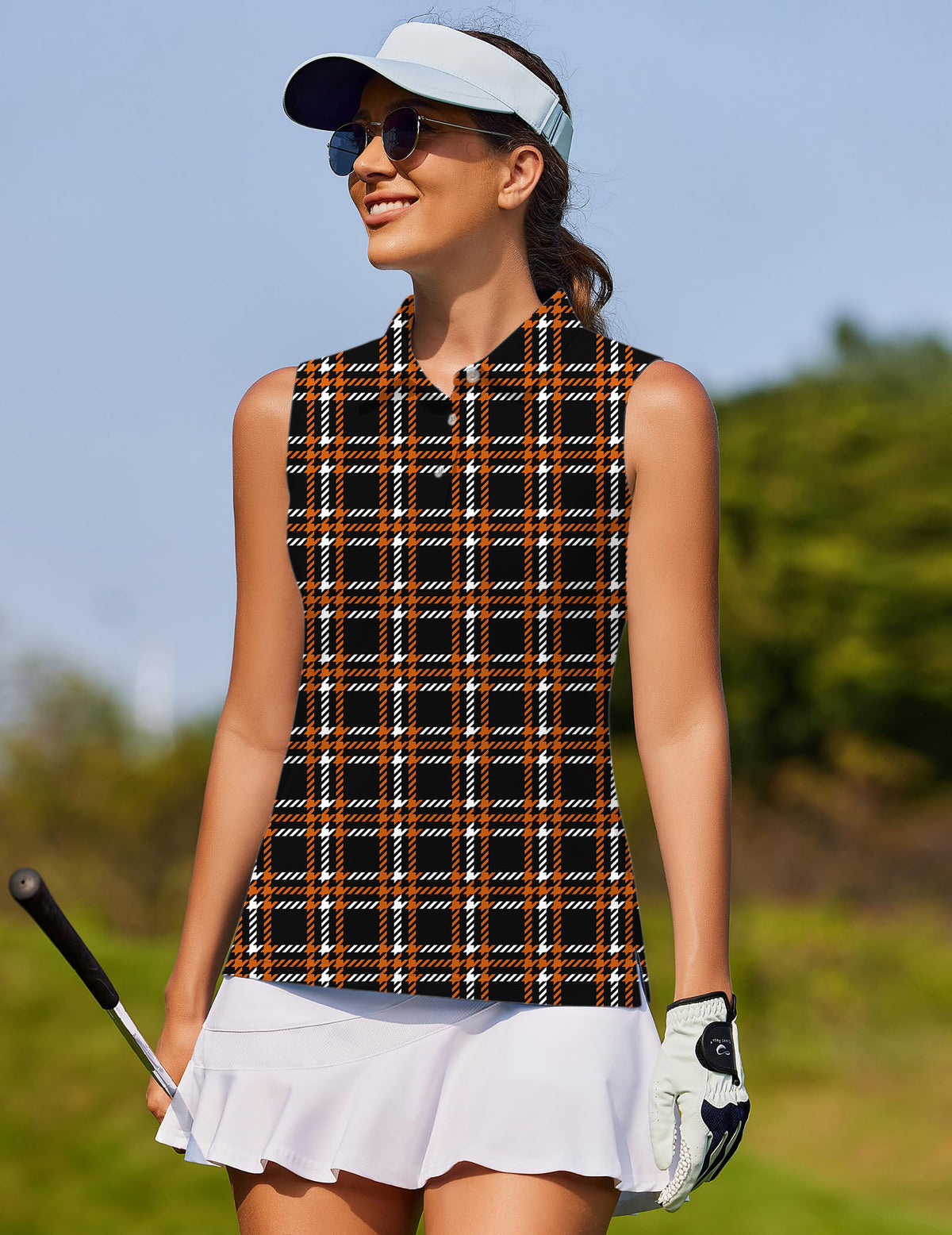 Halloween black yellow white grid Women's golf Sleeveless shirt