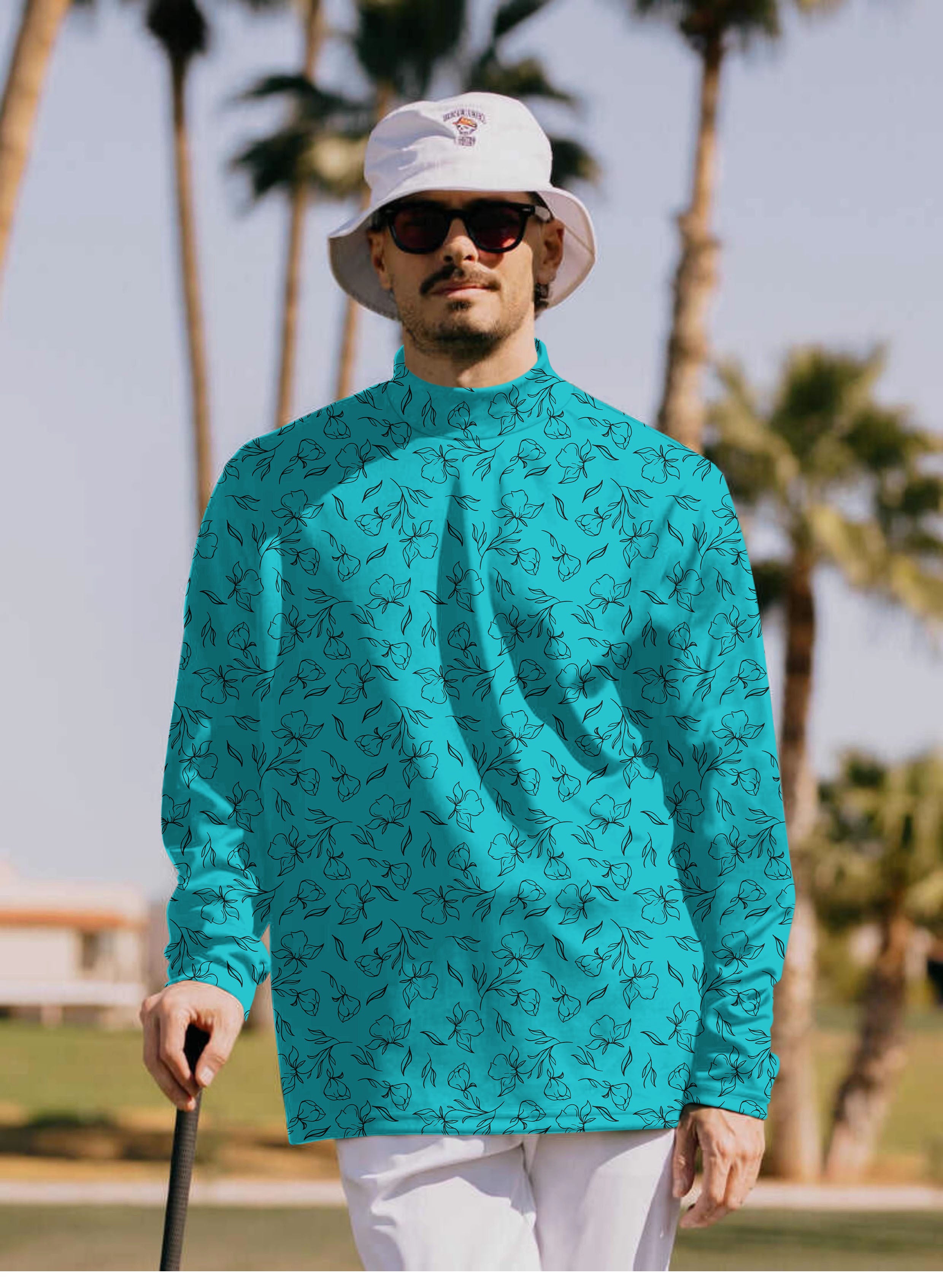 Men's flowers teal Pullover High neck Long/Short sleeve T-Shirt limited edition