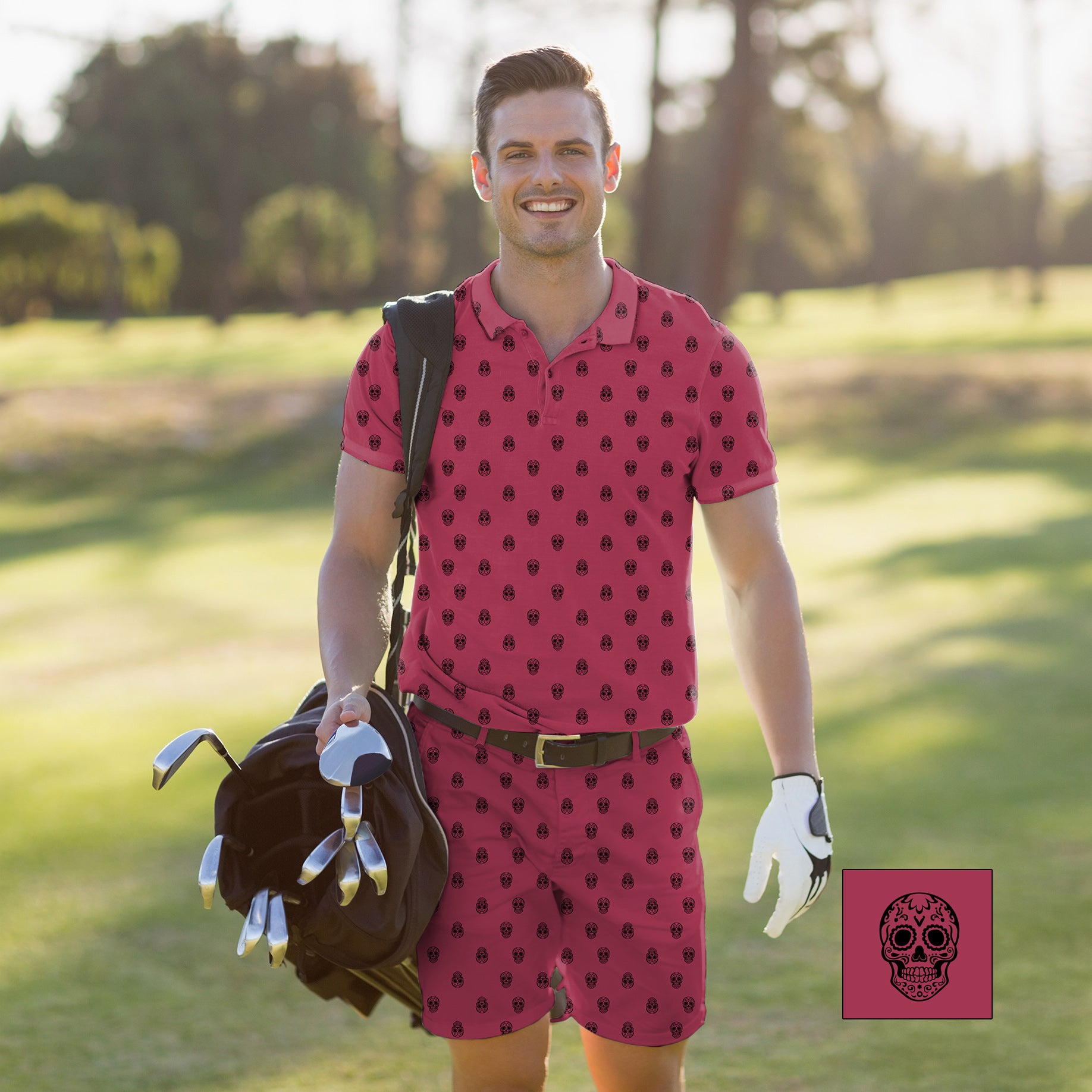 Men's Golf Set Polo+Shorts Skull Custom The Background Color