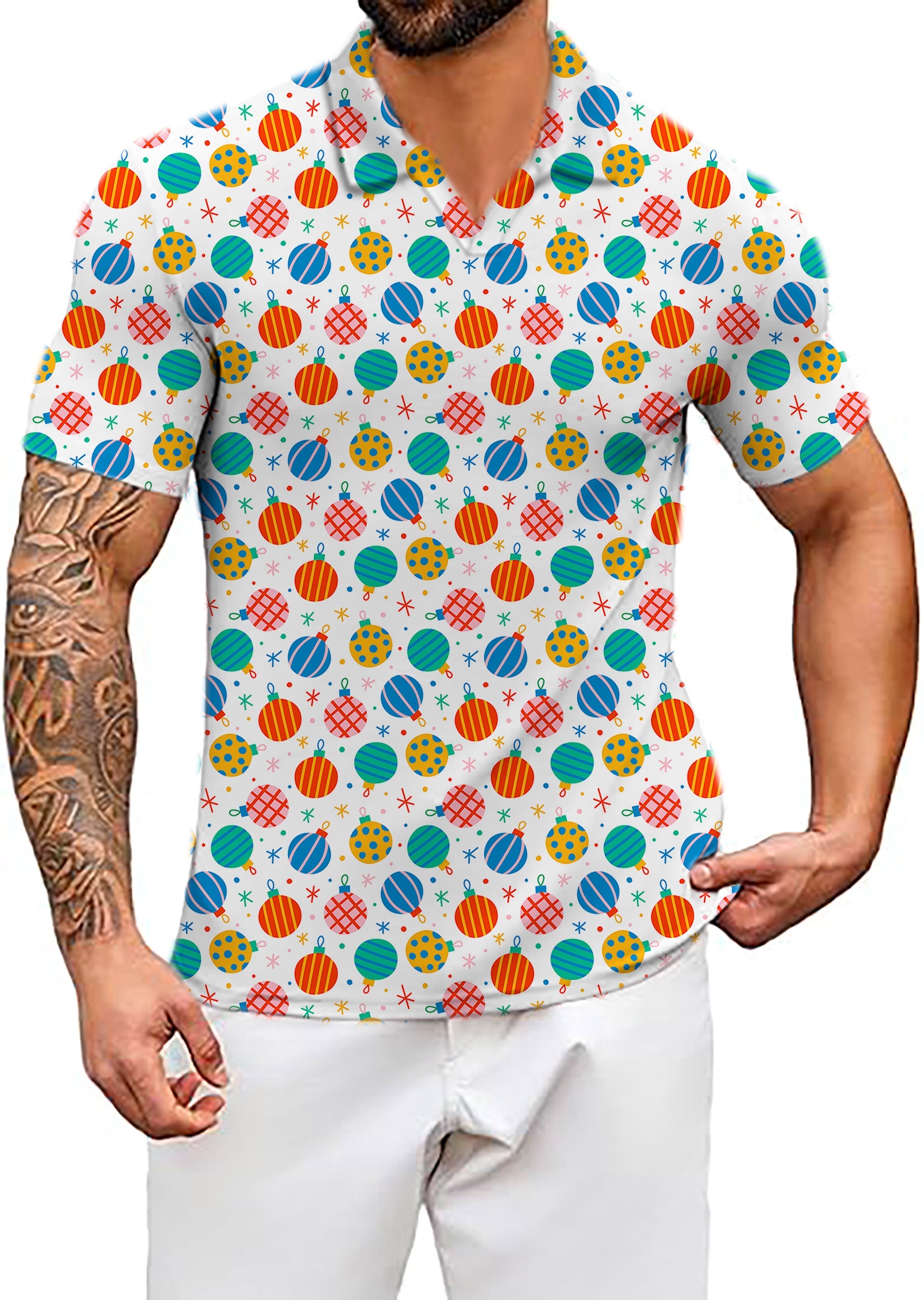 Men's Coconut Palm white V-neck shirt with colorful Christmas ornament dots pattern, stretchy and wrinkle-resistant fabric