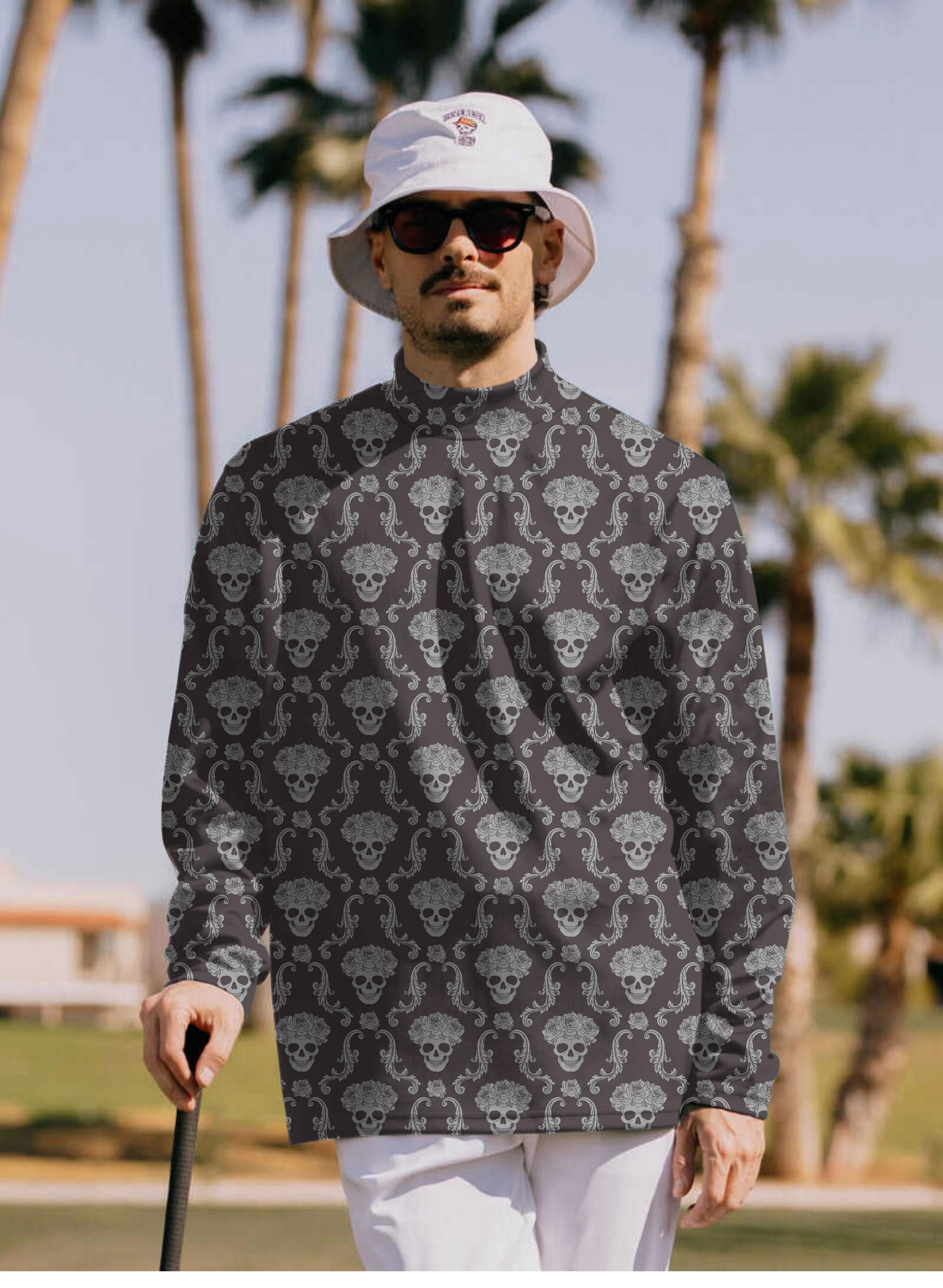 Men's Halloween Classic Skull Mock Neck Long/Short Sleeve Golf Tops