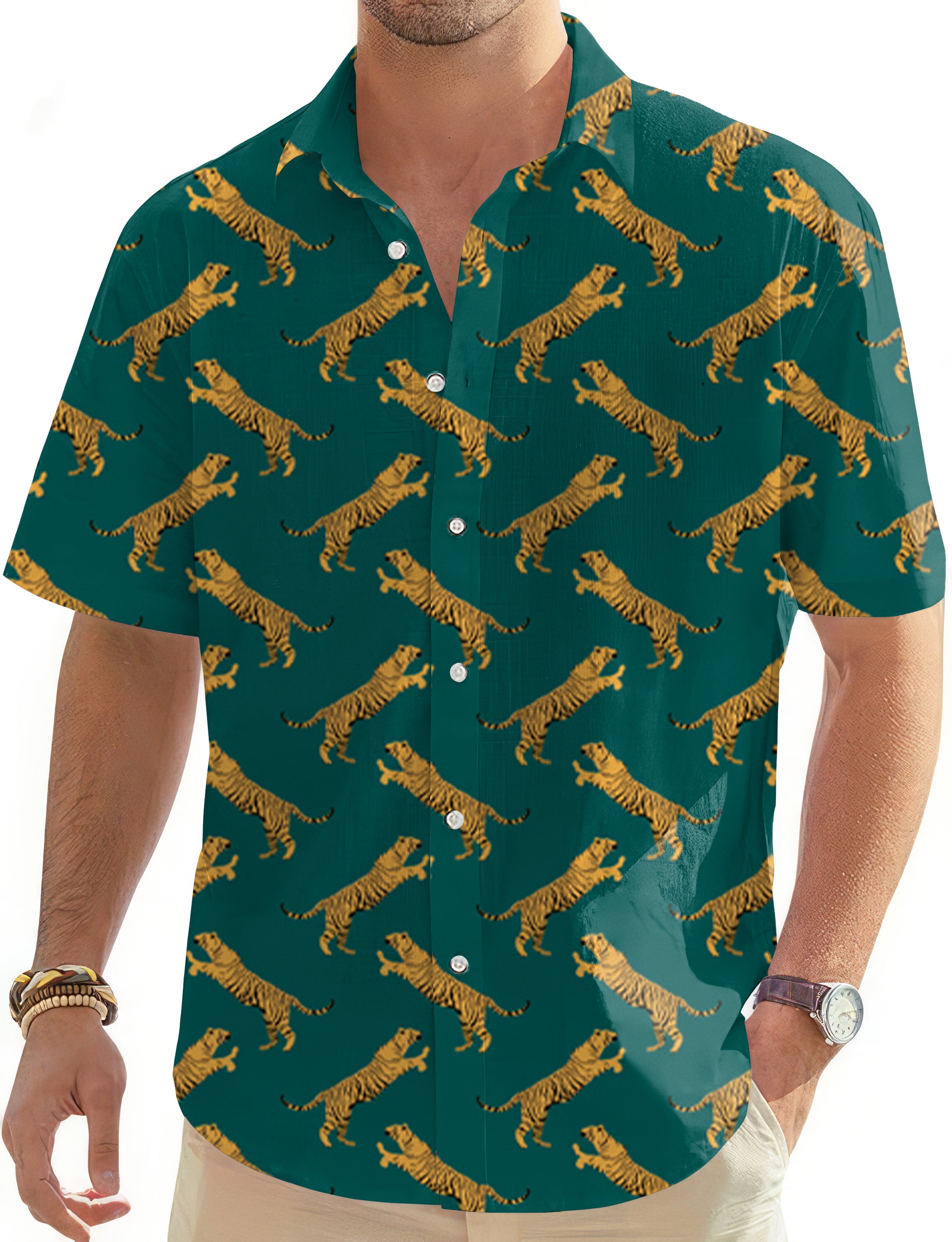 green tiger Men's Golf Hawaiian Shirts Button Down Shirt