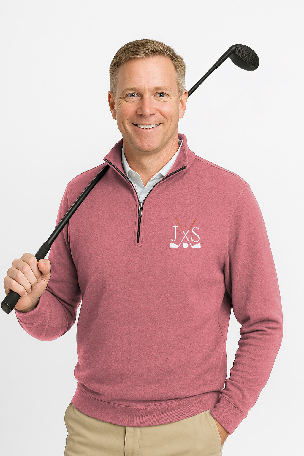 Hot pink plus size men's high neck hoodie with embroidery, rib knit cuffs, three-panel hood, and front pouch pocket