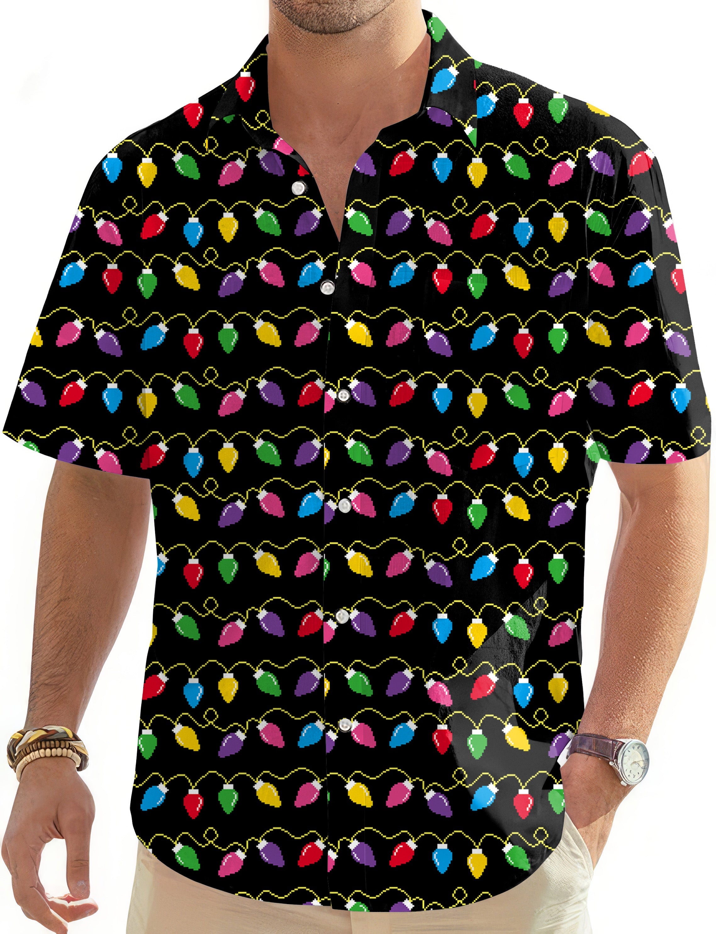 Christmas Lights Men's Golf Hawaiian Shirt with colorful holiday bulb pattern and button-down collar on black background