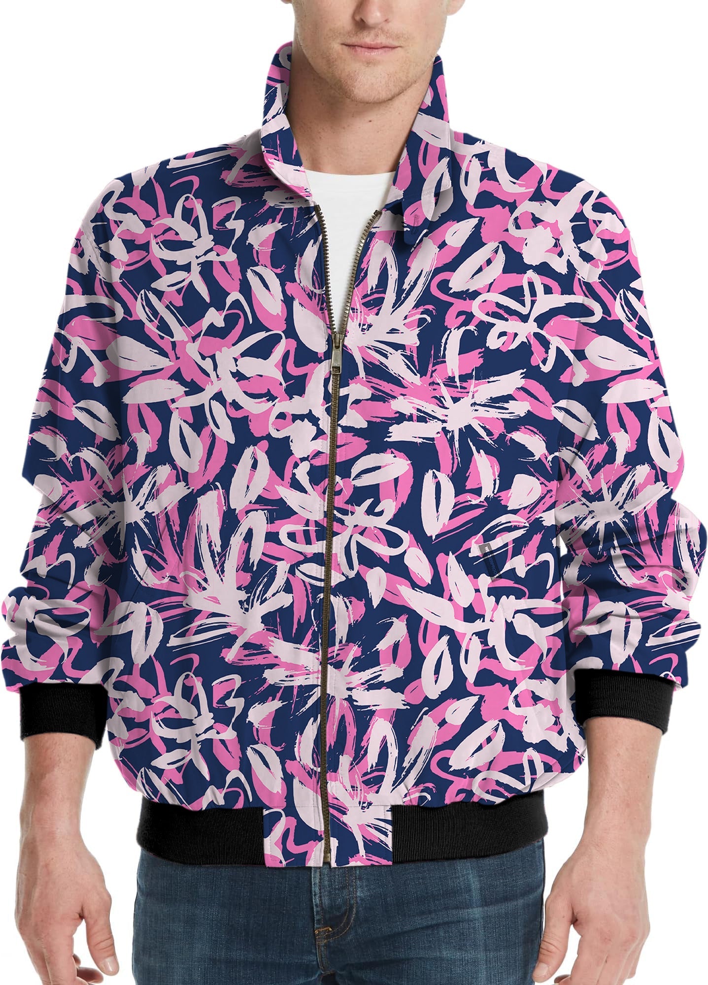 Draw Flowers Men's Golf Windbreaker light jacket with pink floral pattern on navy background, front zipper, and black cuffs.