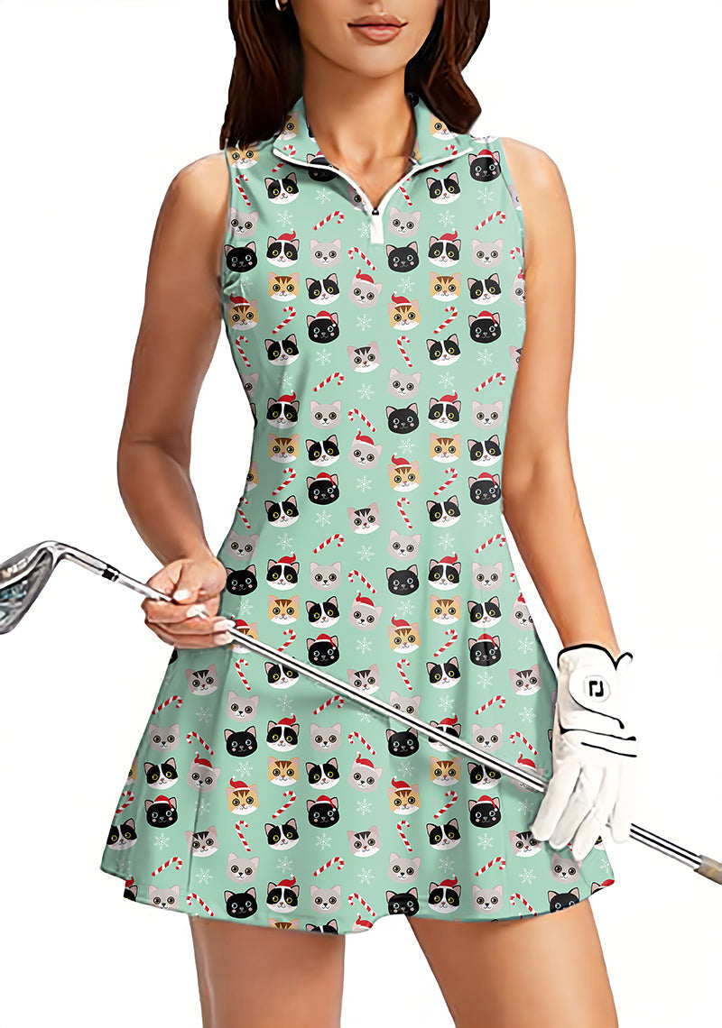 Christmas cat women's golf sleeveless zipper dress with built-in shorts and festive cat pattern