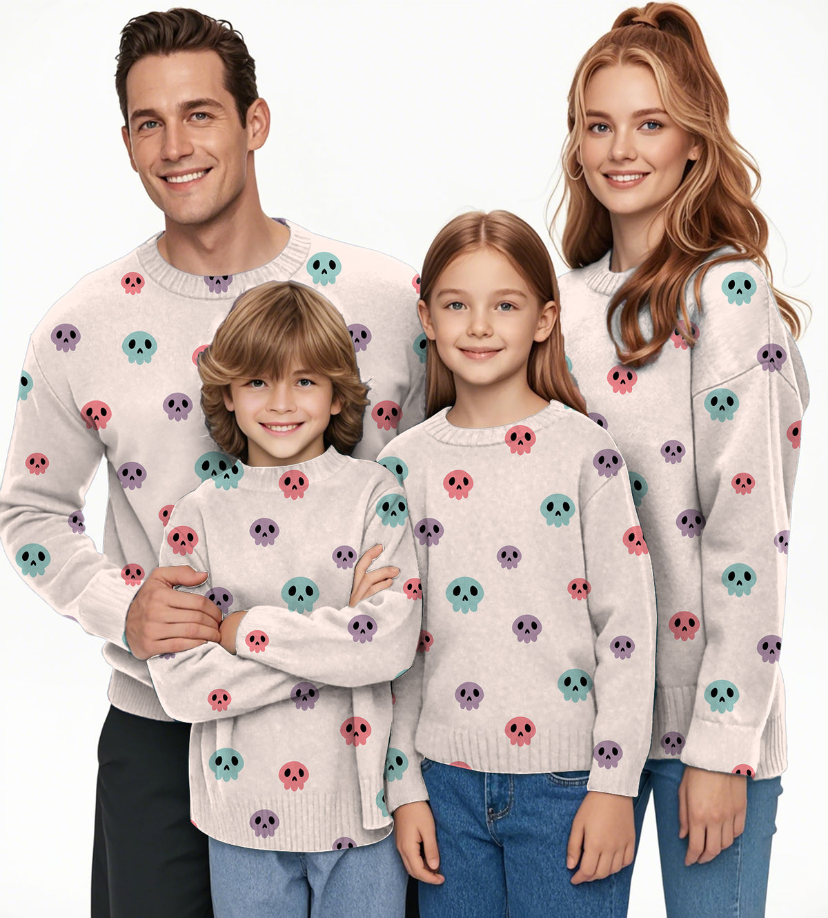 Colorful Halloween Skull Crewneck Pullover Ugly Sweater Men Women boy girl family