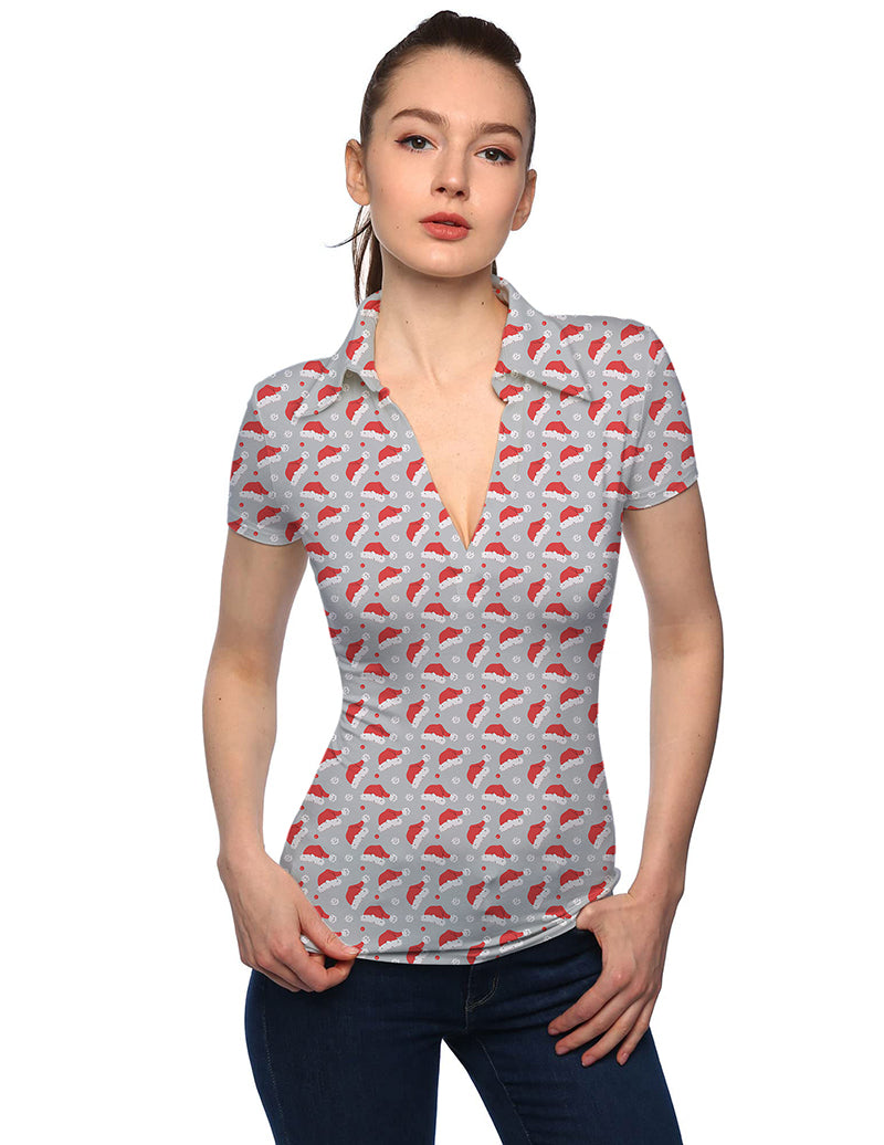 Woman wearing V-neck Christmas pompom hat print golf polo shirt with stand collar and short sleeves