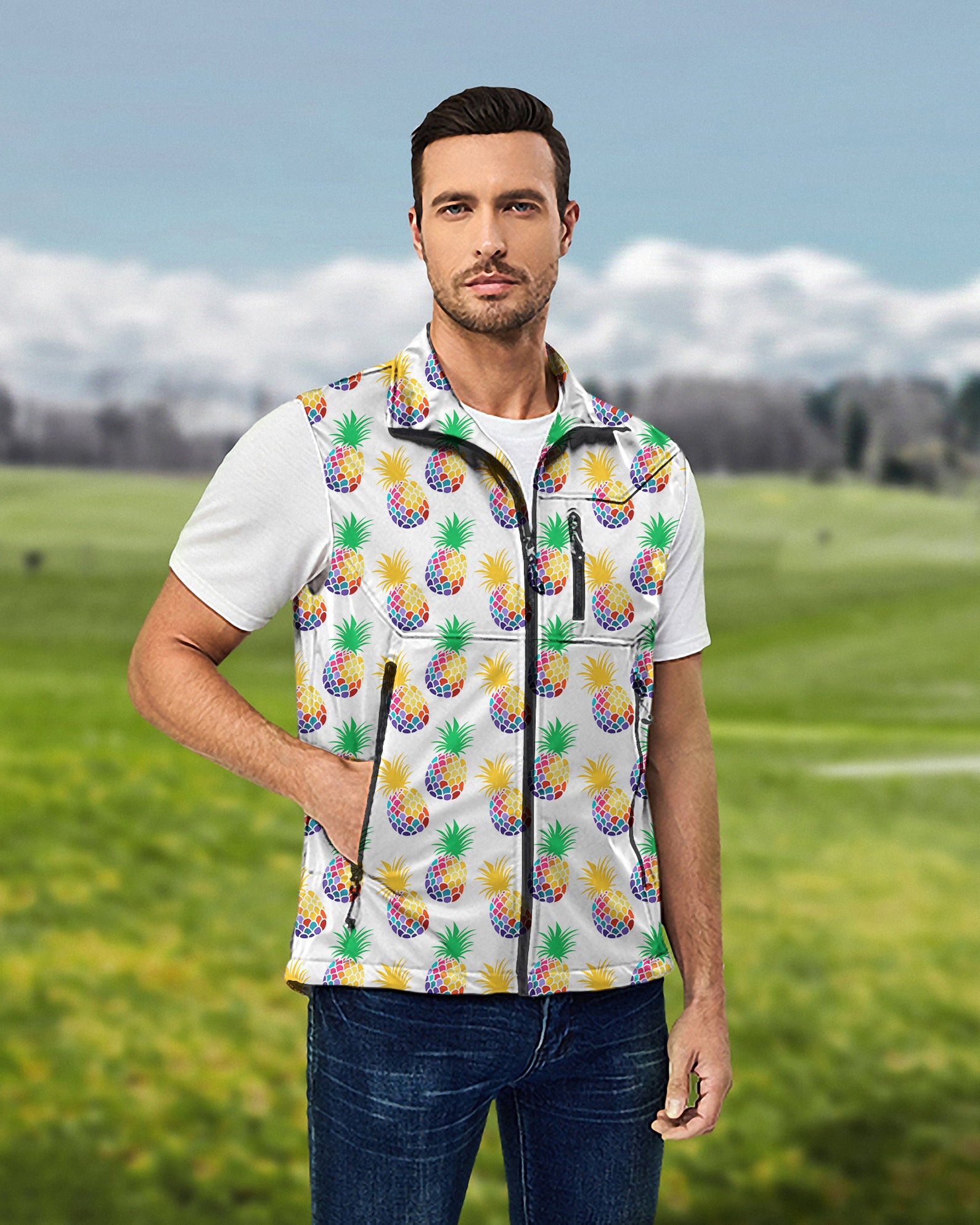 Men's Pineapple Disco Lightweight Softshell Vest Sleeveless Jacket for Golf Windproof Waterproof