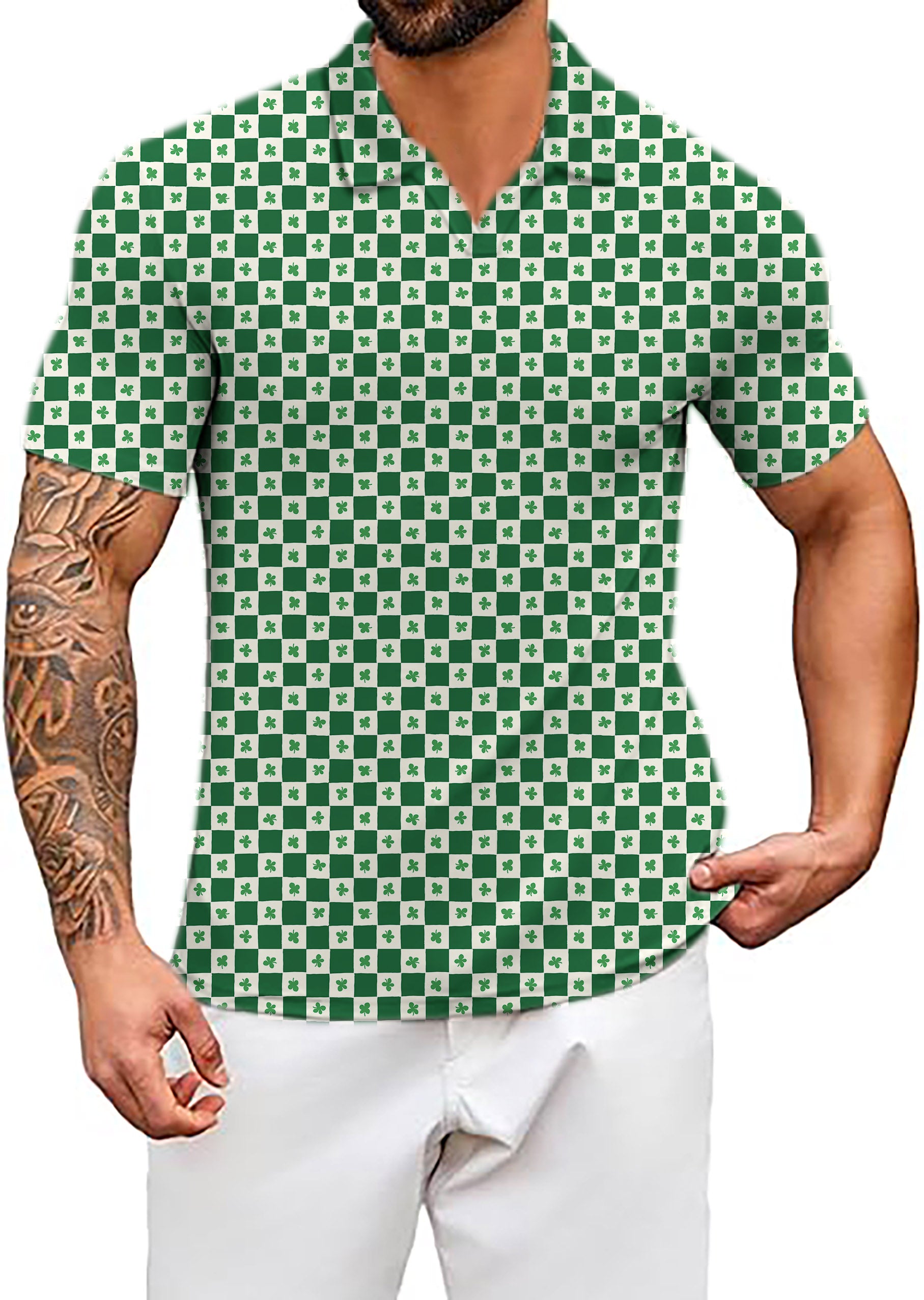 Men's Leaf clover St. Patrick's Day V Neck Golf Polo Shirts