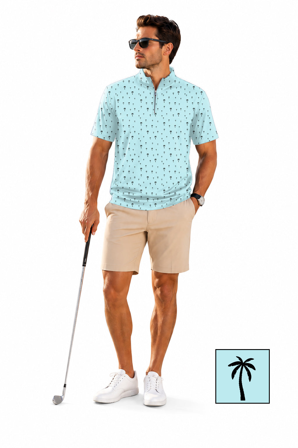 Men's Short Sleeve Quarter Zip Golf Pullover   light blue palm Embroidery  The Background Color