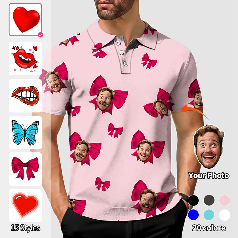 Valentine's Day Men's Custom Photo Face Custom Color Pink Love Polo