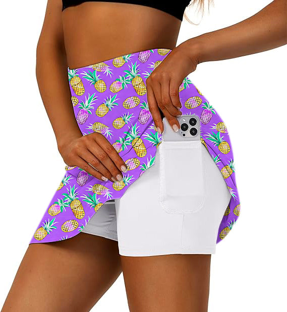 Women's Purple Pineapple Golf Skirts Inner Shorts Pocket