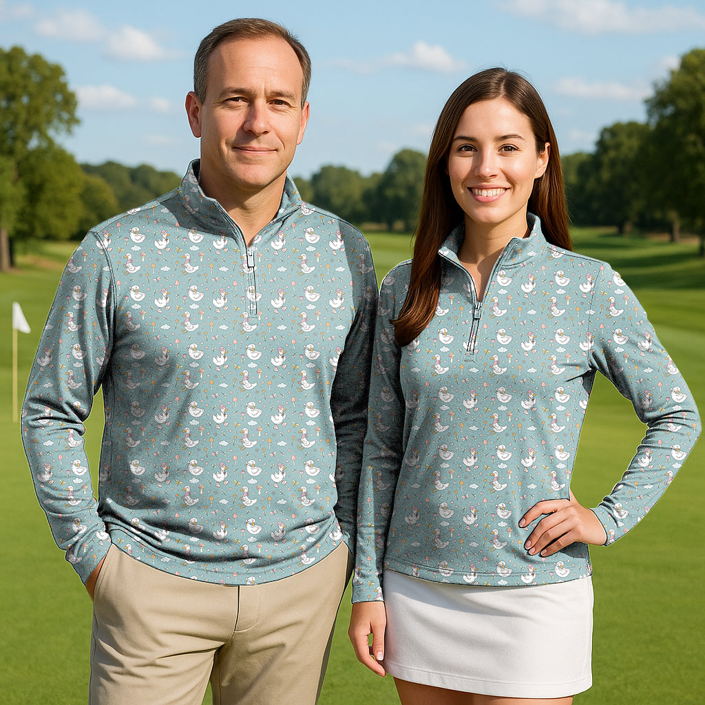 Cute Duck Floral Couple Golf Active 3/4 Zipper Top Long Sleeves