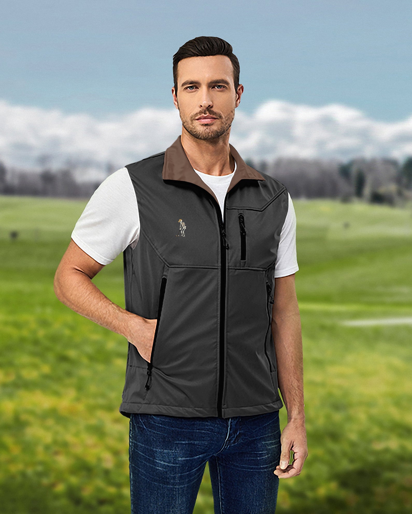 Men's Yellow Black Brown Halloween Skeleton Golf Lightweight Softshell Vest Sleeveless Jacket for Golf Windproof Waterproof
