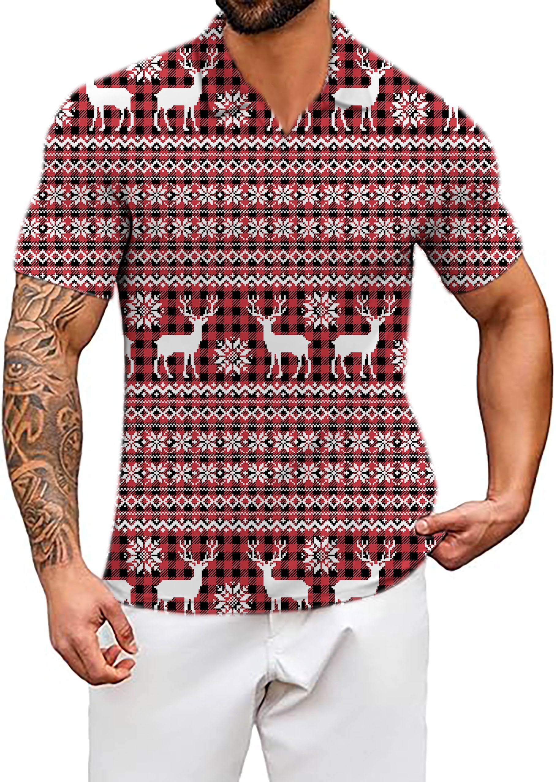 Men's Red Elk deer Christmas V Neck Golf Polo Shirts