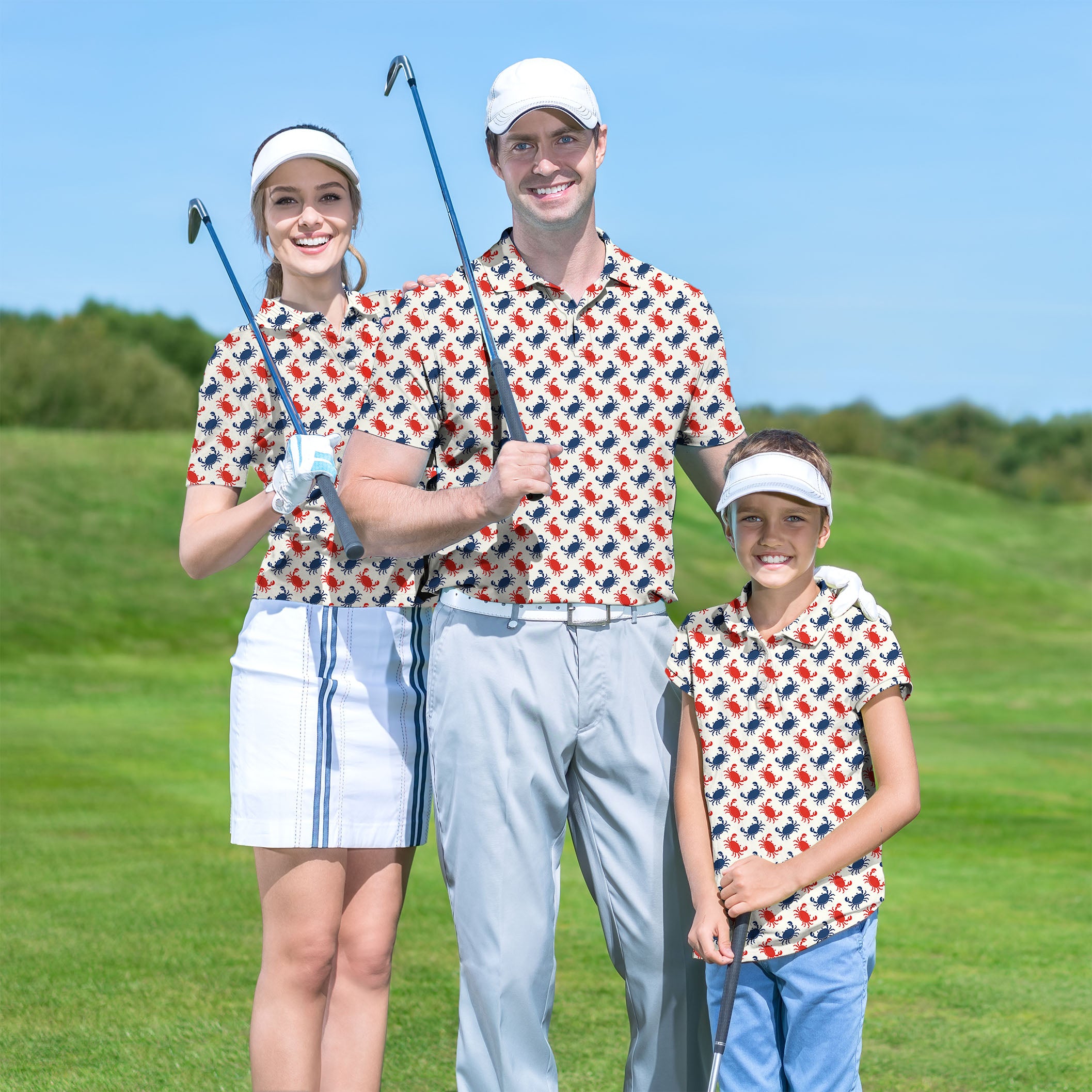 Golf Polo Couple Family set Blue and red Crab