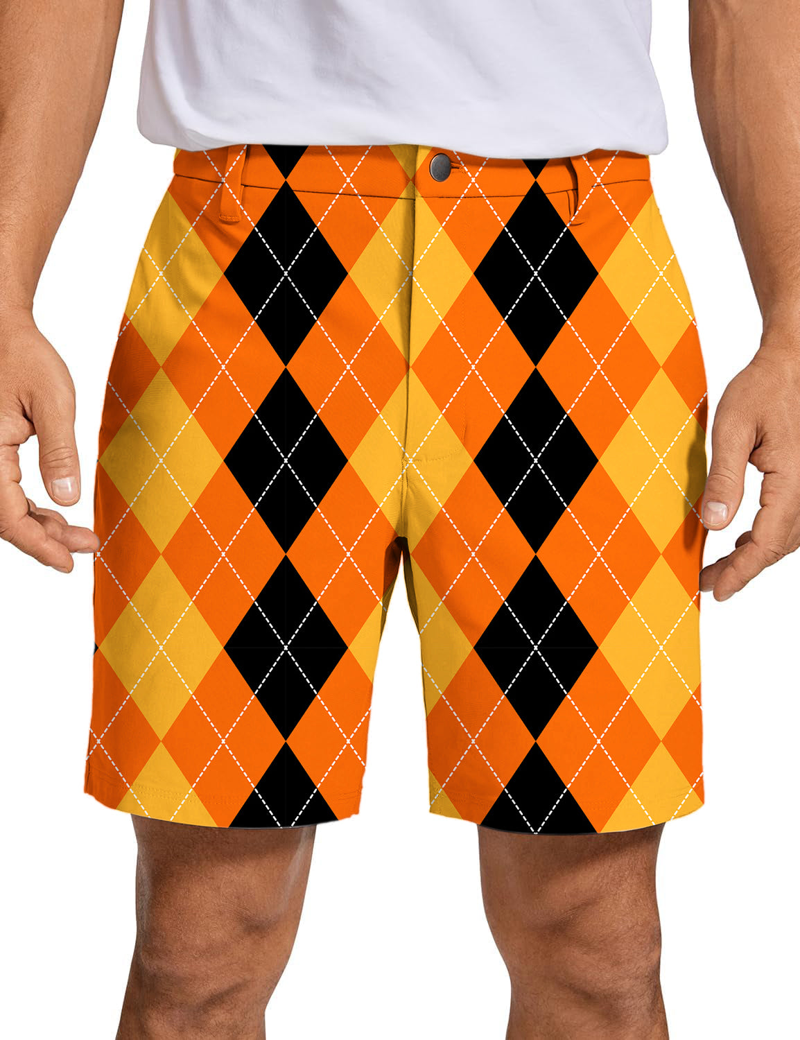 Men's Halloween Black Yellow Orange Argyle Golf Shorts