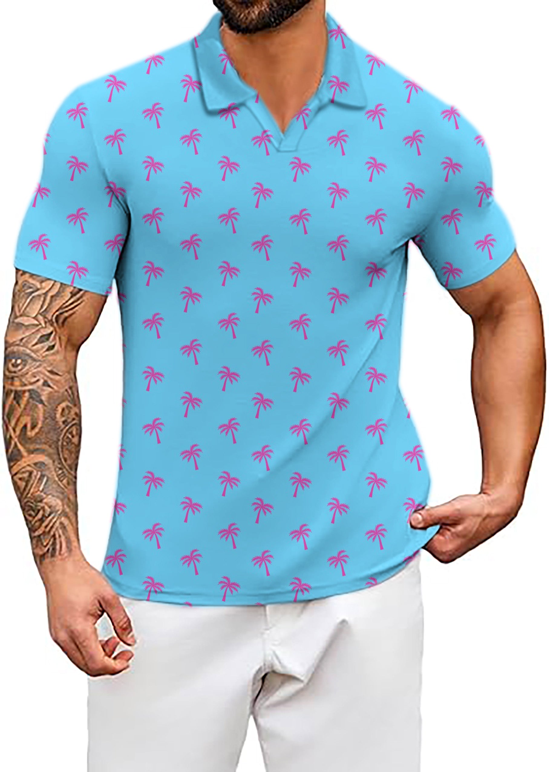 Men's Pink Palm Trees V Neck Golf Polo Shirts