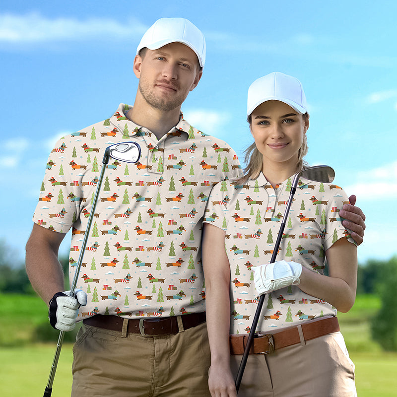 Couple wearing matching Christmas Dachshund golf shirts with caps on a golf course