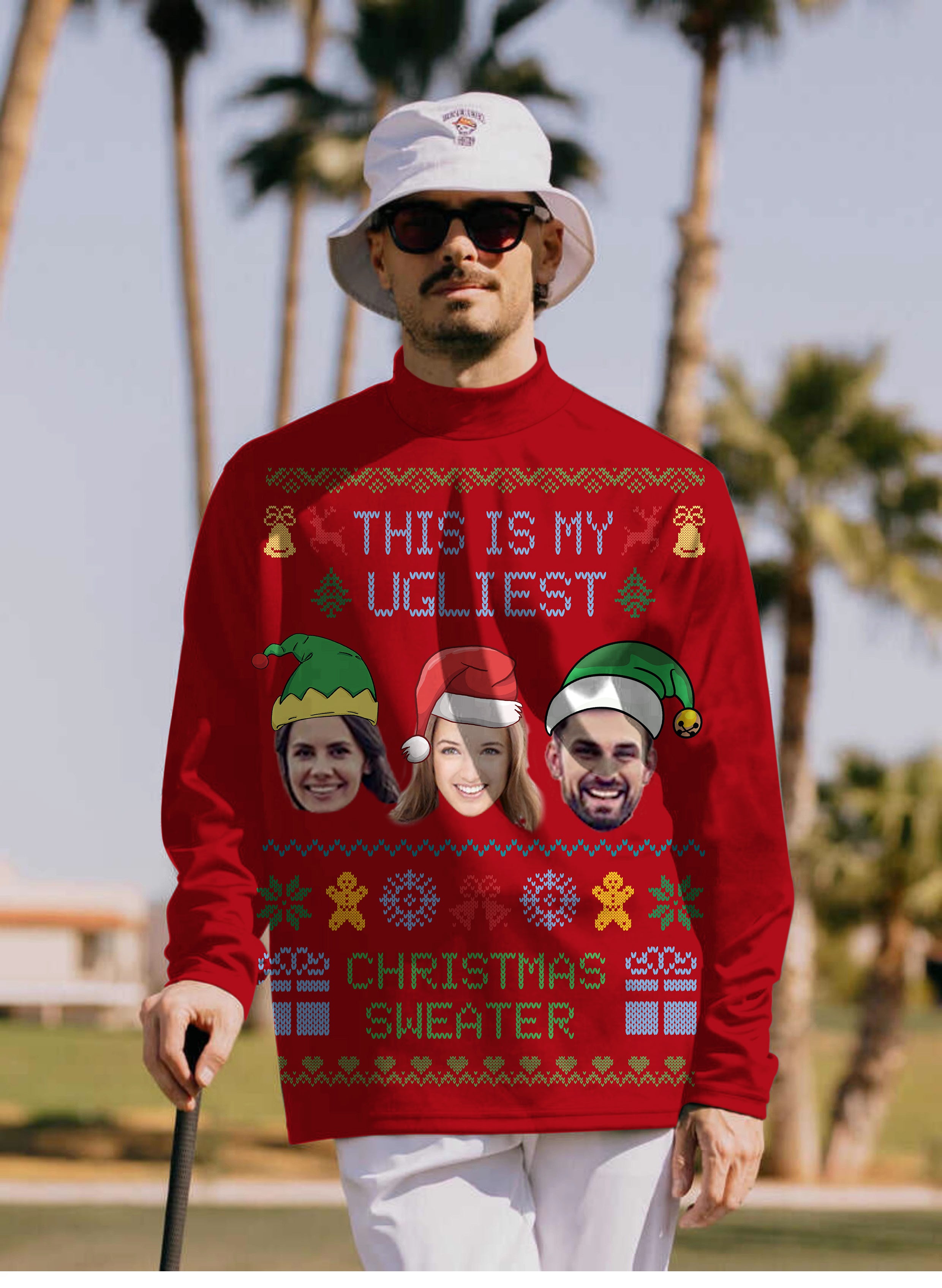 Men's Red-Christmas Custom face Pullover High neck Long/Short sleeve T-Shirt