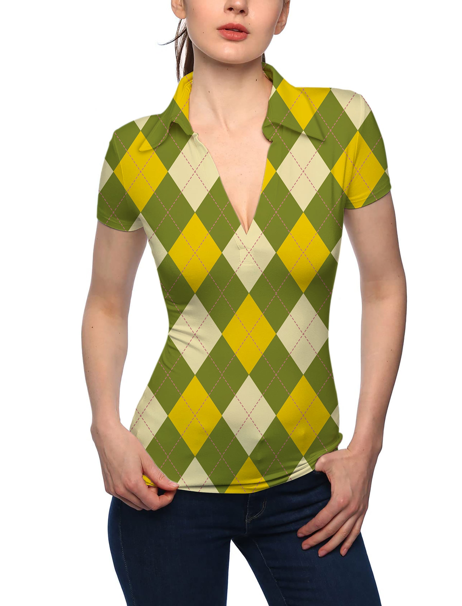 Women's Yollow Argyle V Neck Golf Polo