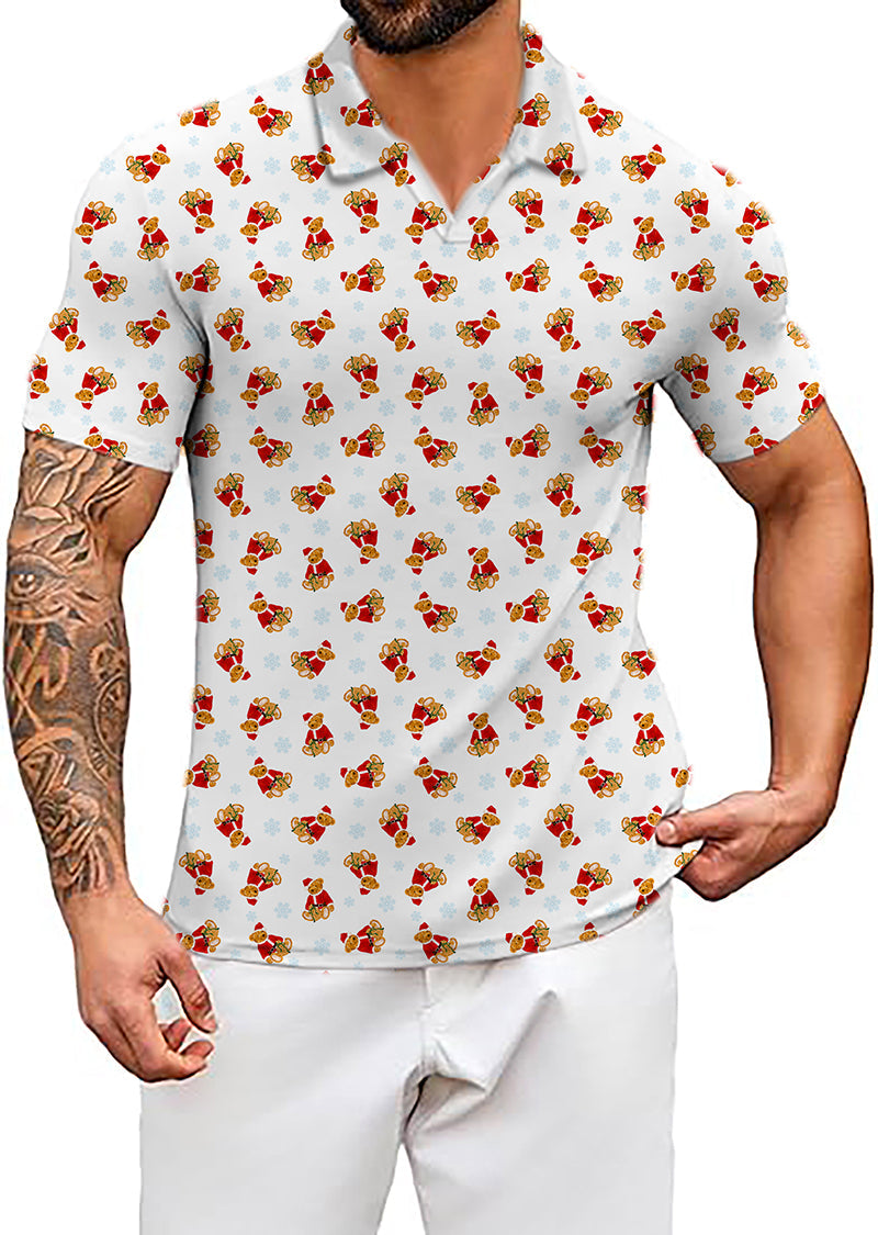 Men's Coconut Palm white polo shirt with red teddy bear pattern and short sleeves