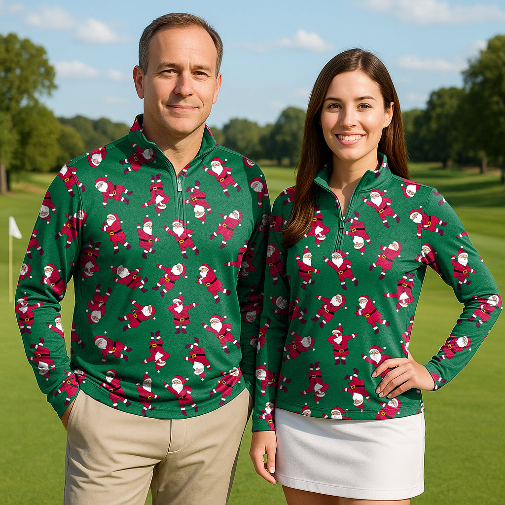 Christmas Santa Couple Golf Active 3/4 Zip Top Long Sleeves