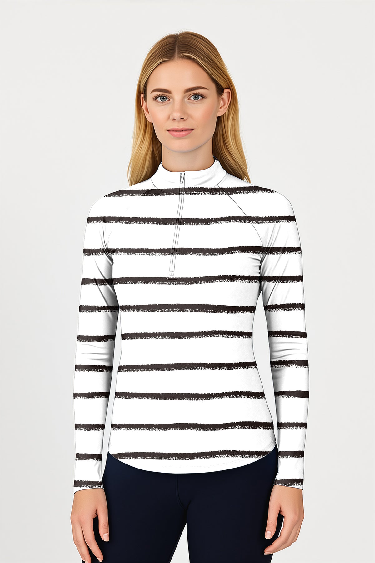 Black and white crayon-style stripes Women's Golf Active 3/4 Zipper Top Long Sleeves