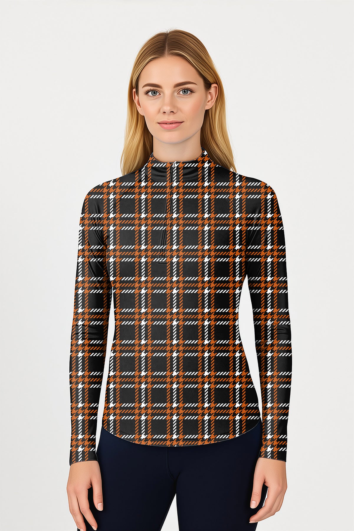Halloween black yellow white grid Women's Golf Active 3/4 Zipper Top Long Sleeves