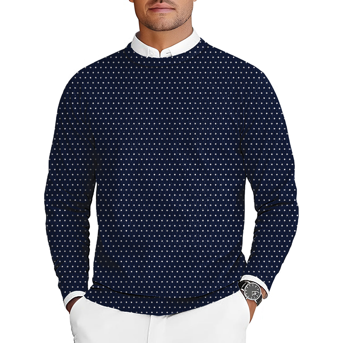 Navy blue with white polka dots Men's Golf Crewneck Pullover Sweaters Ugly Sweater