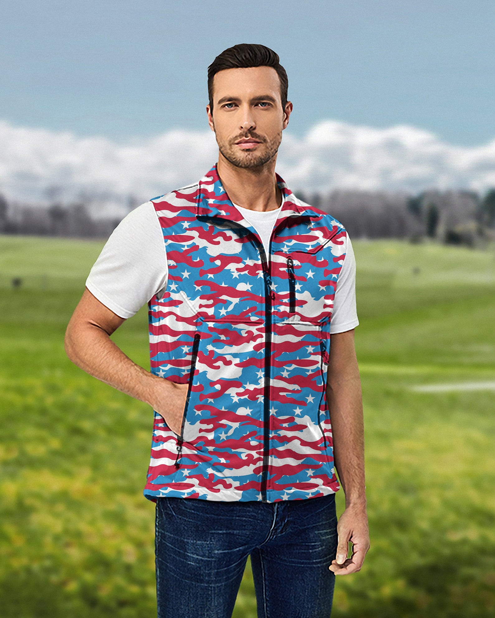 Men's Patriotic Camo Lightweight Softshell Vest Sleeveless Jacket for Golf