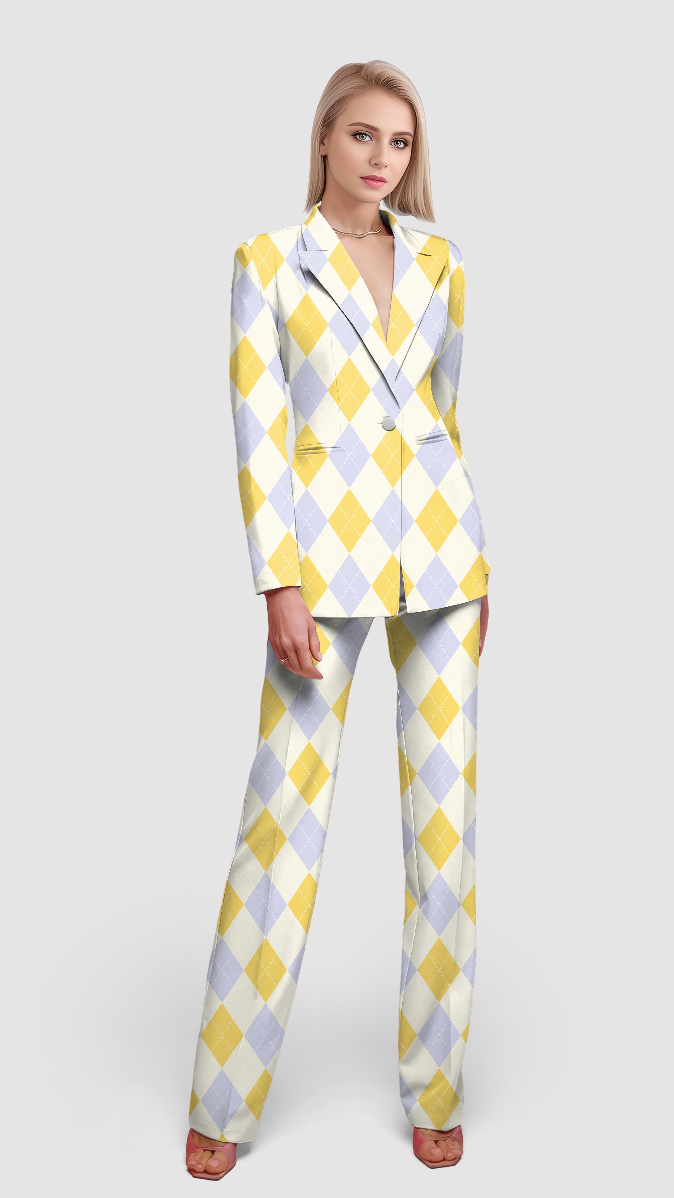 Yollow Argyle-Women's Blazer Casual Work Office Blazer Suit set