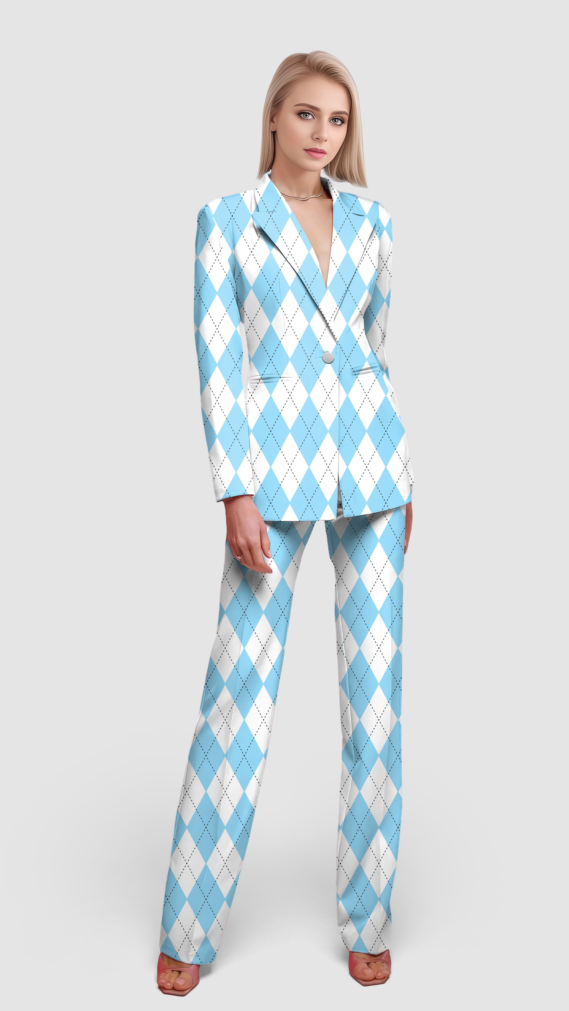 Blue diamond grid-Women's Blazer Casual Work Office Blazer Suit set