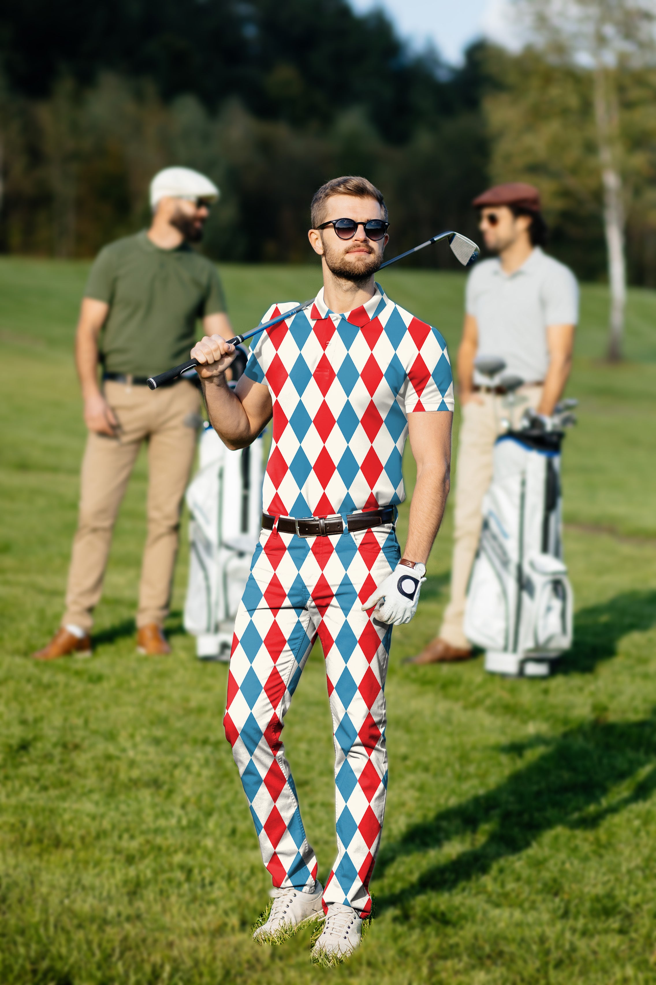 Men's Golf Set Polo+Pants Geometric checkerboard Argyle