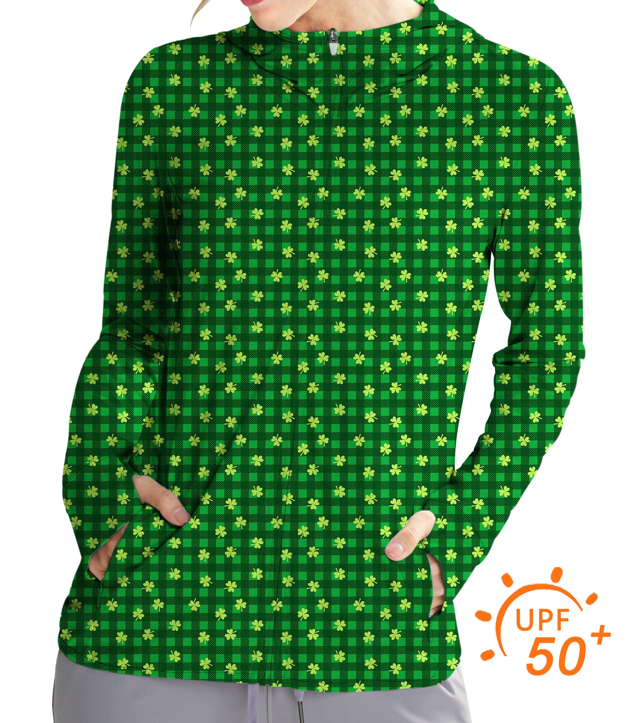 Women's Outdoor Leaf clover St. Patrick's Day Golf Sun Protection Slim Fit zip hoodies