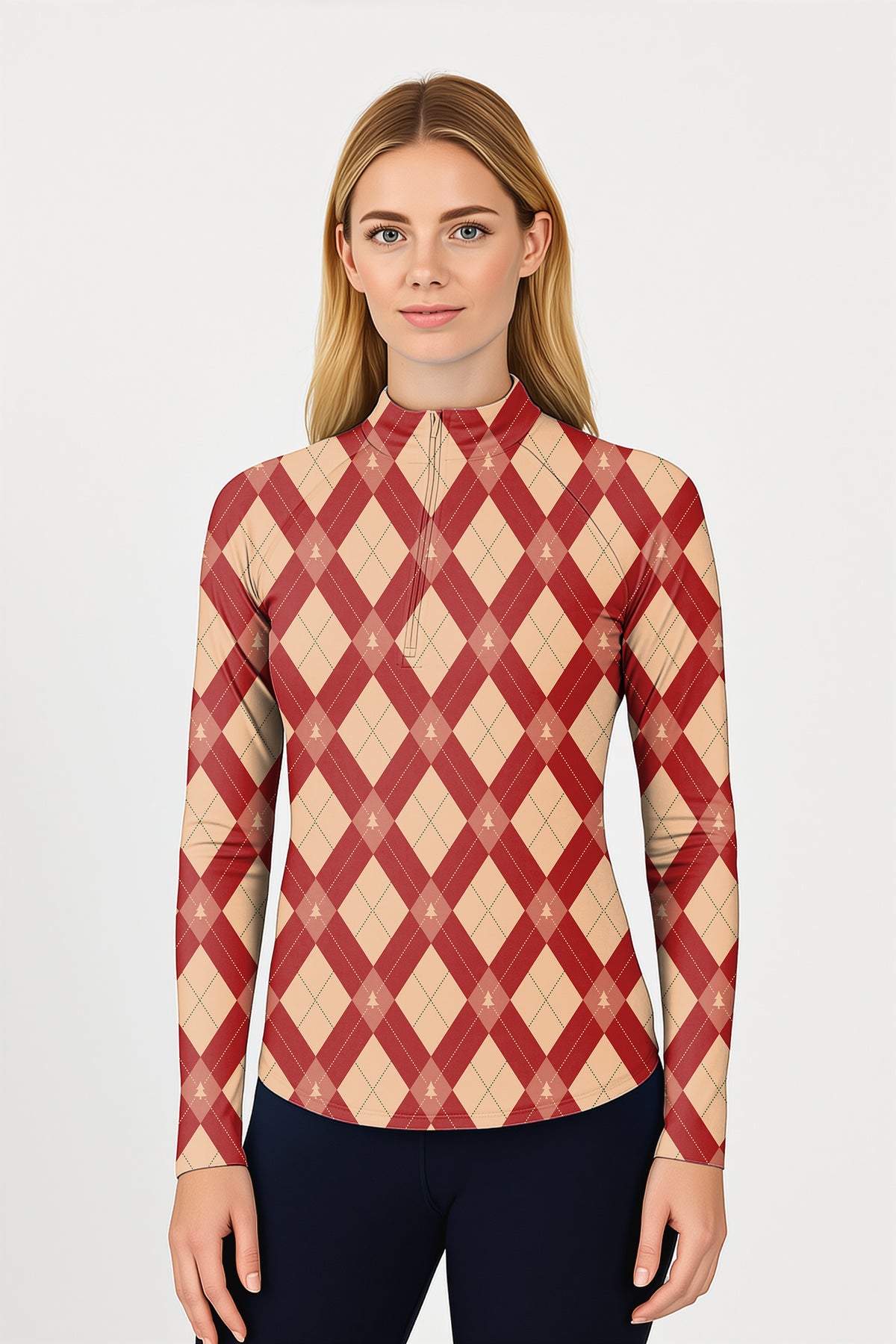 Red and yellow diamond-patterned Christmas tree Women's Golf Active 3/4 Zipper Top Long Sleeves